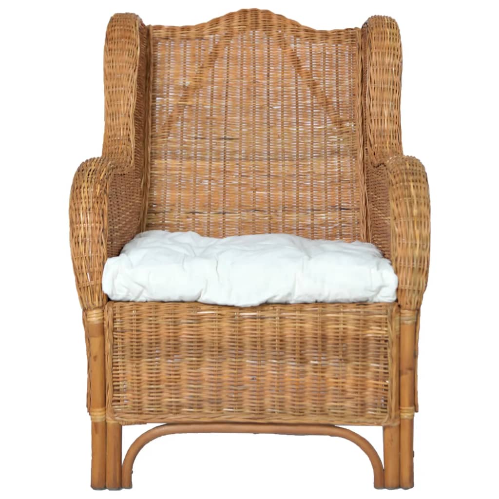Fauteuil avec coussins en rotin naturel marron clair et lin