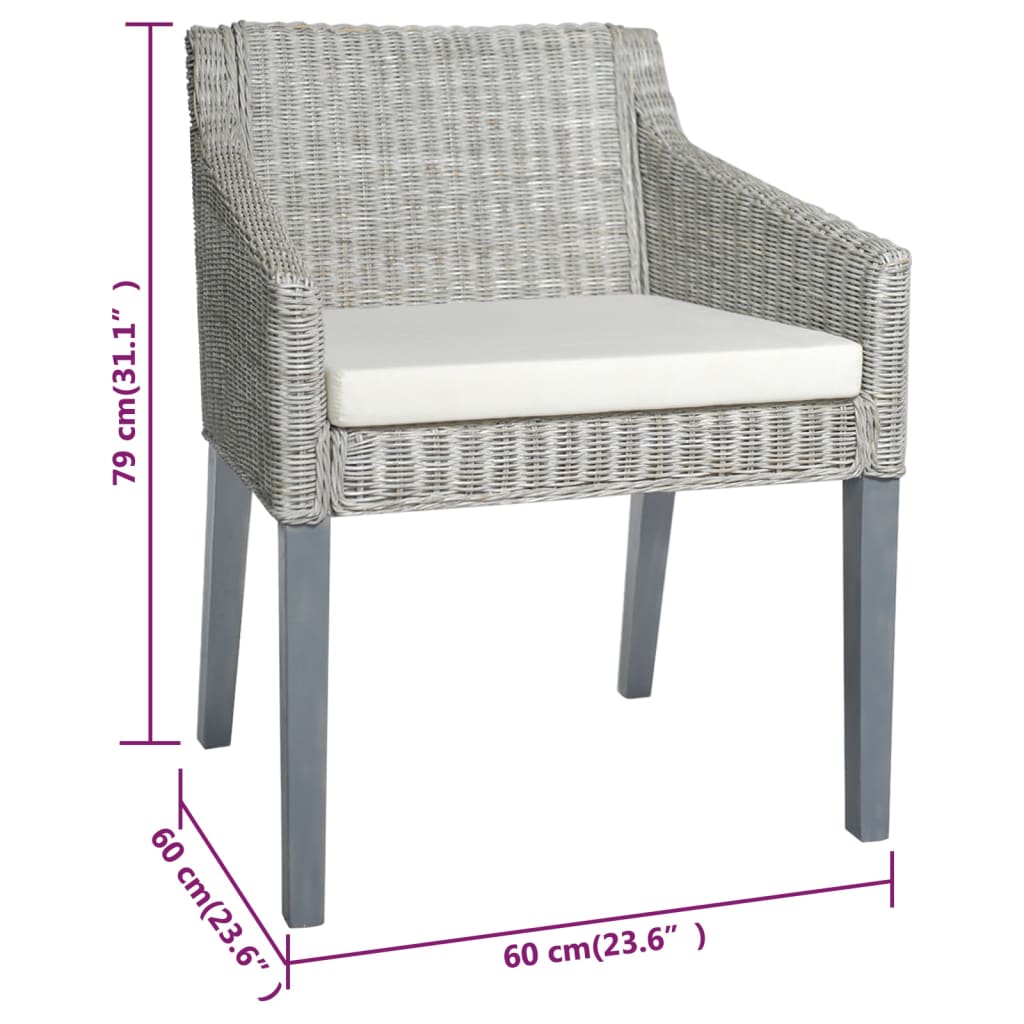 Dining chairs with cushions 2 pcs. Grey natural rattan