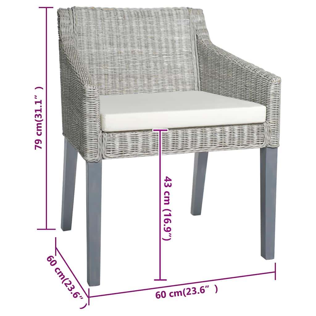 Esszimmerstühle mit Kissen 2 Stk. Grau Natur Rattan