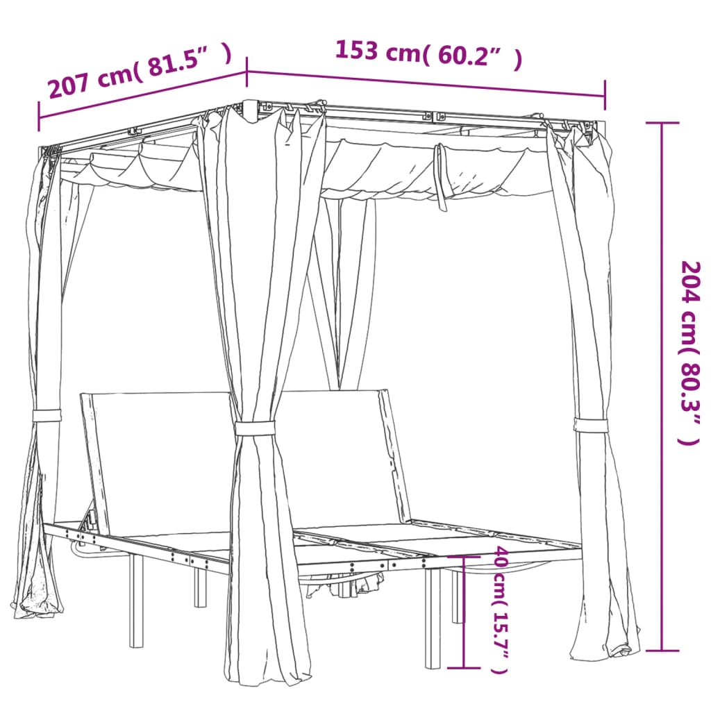 Double sun lounger with curtains and canopy anthracite