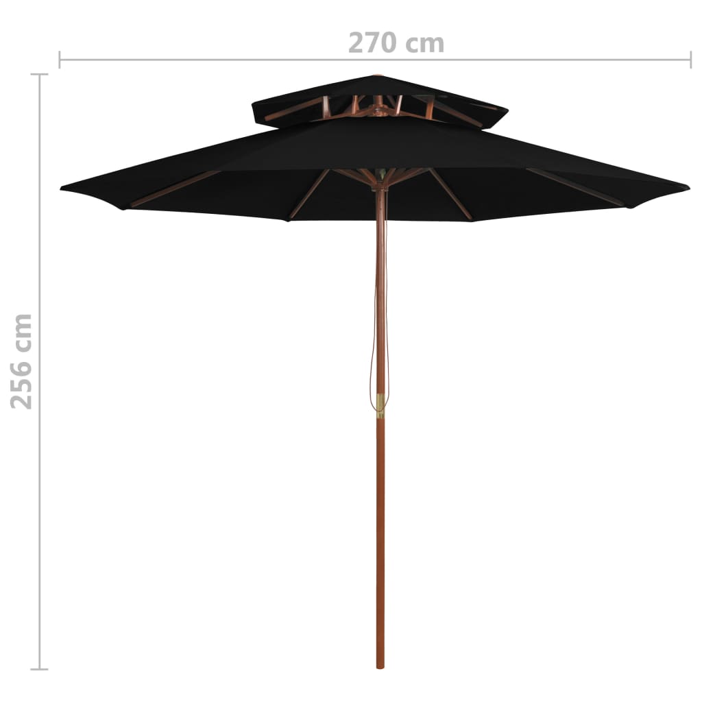 Parasol à double toit et mât en bois Noir 270 cm