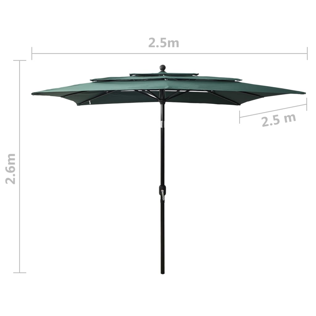Parasol with aluminum pole 3-layer green 2.5x2.5 m
