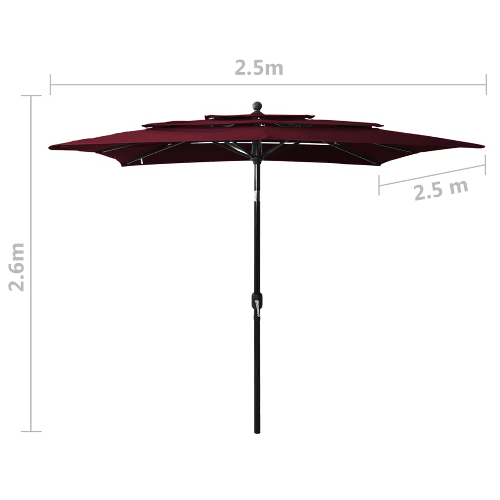 Parasol with aluminum pole 3-layer Bordeaux red 2.5x2.5 m