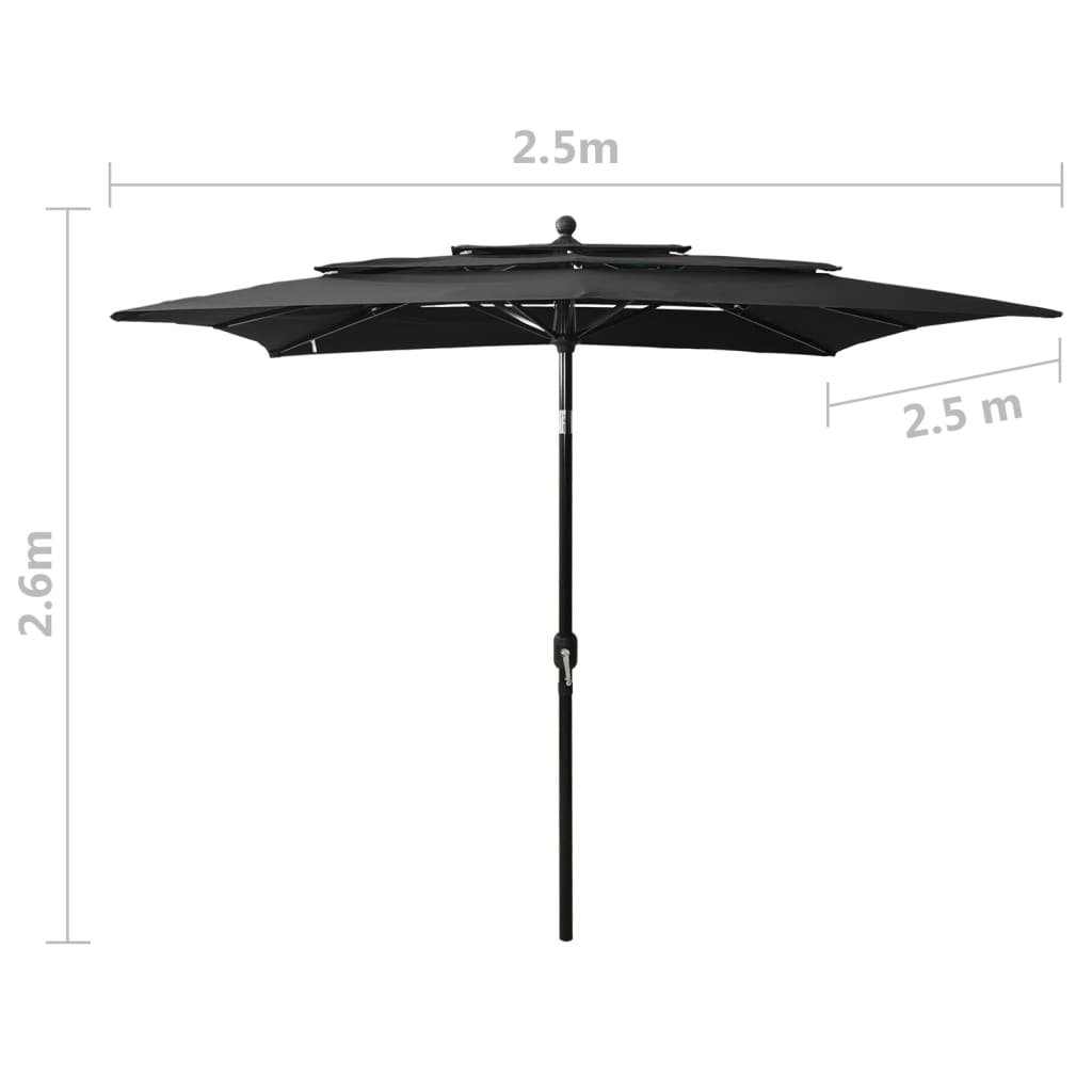 Parasol with aluminum pole 3-layer black 2.5x2.5 m