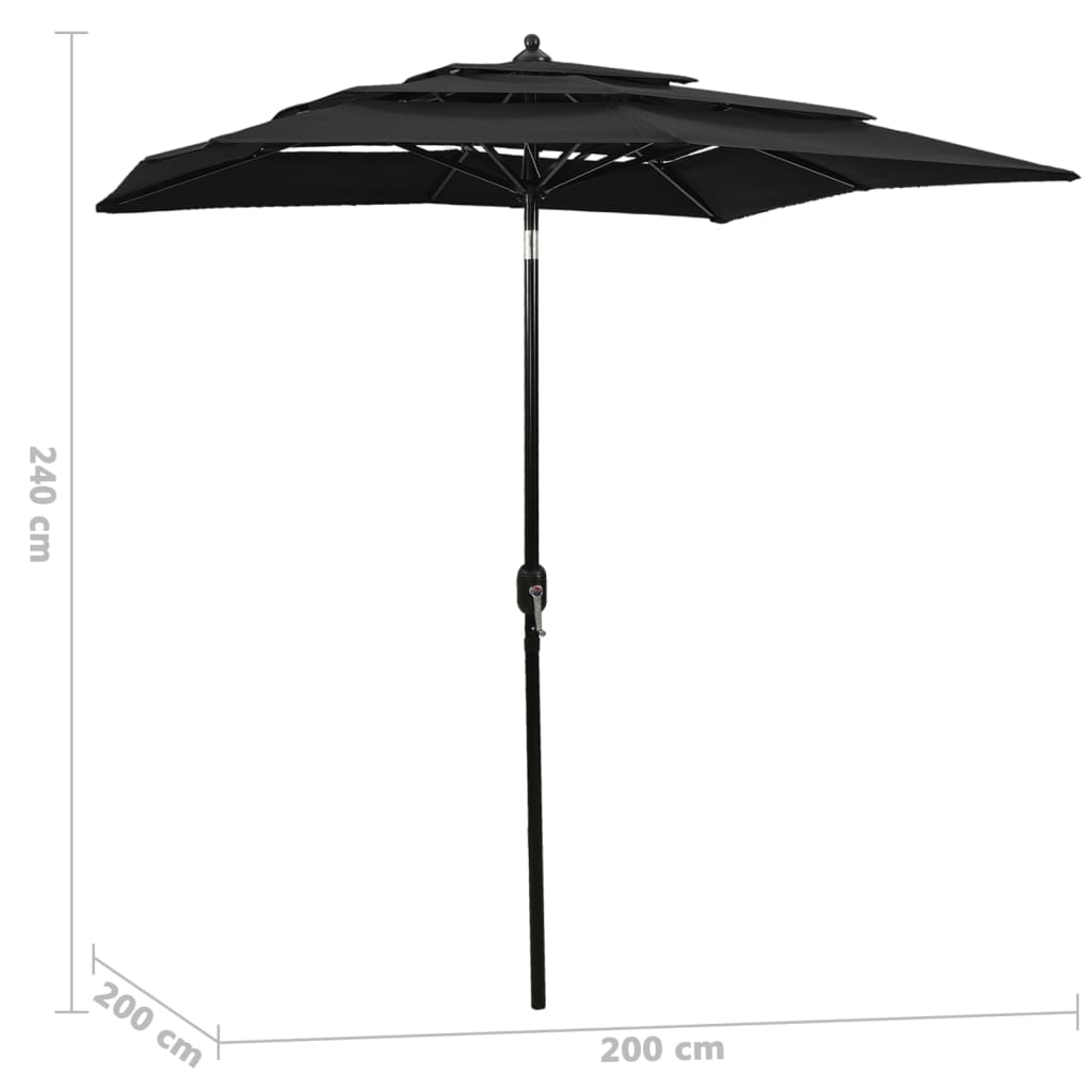 Parasol with aluminum pole 3-layer black 2x2 m