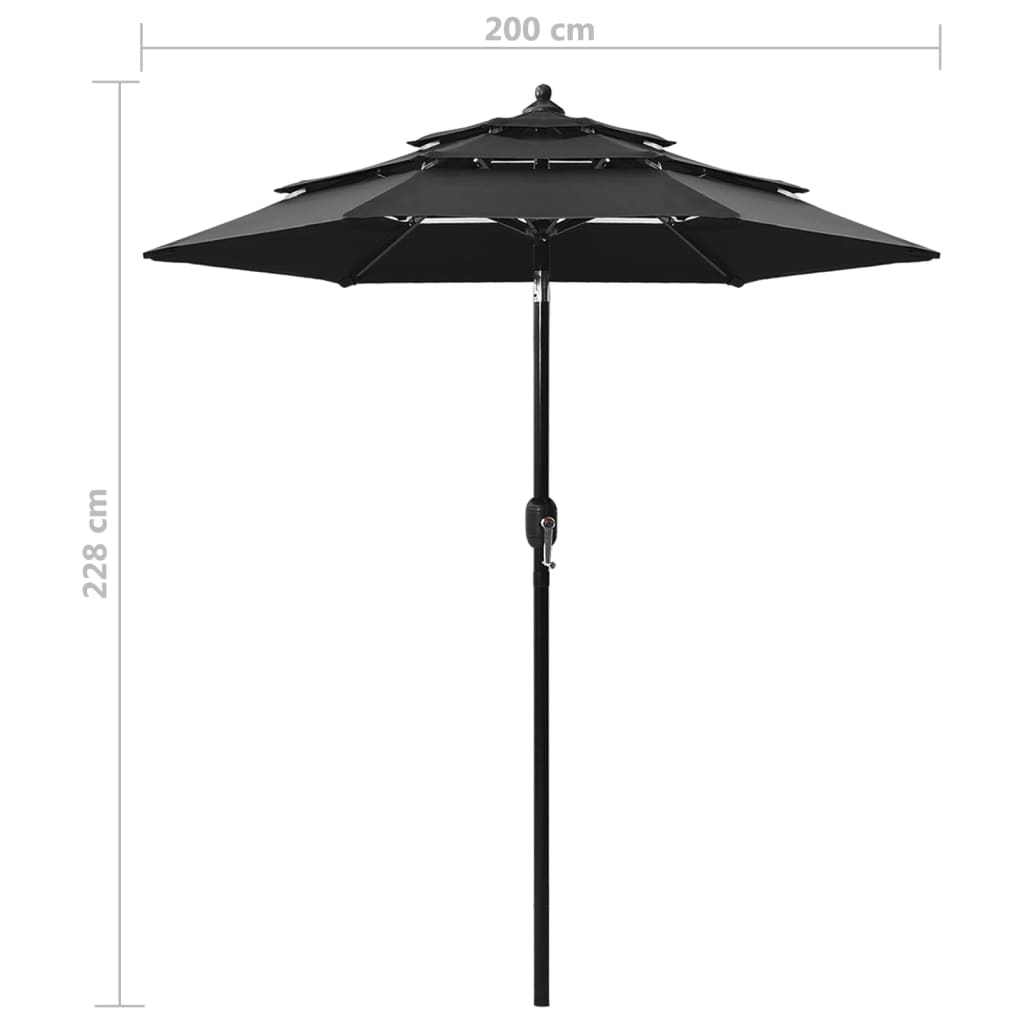 Parasol with aluminum pole 3-layer black 2 m