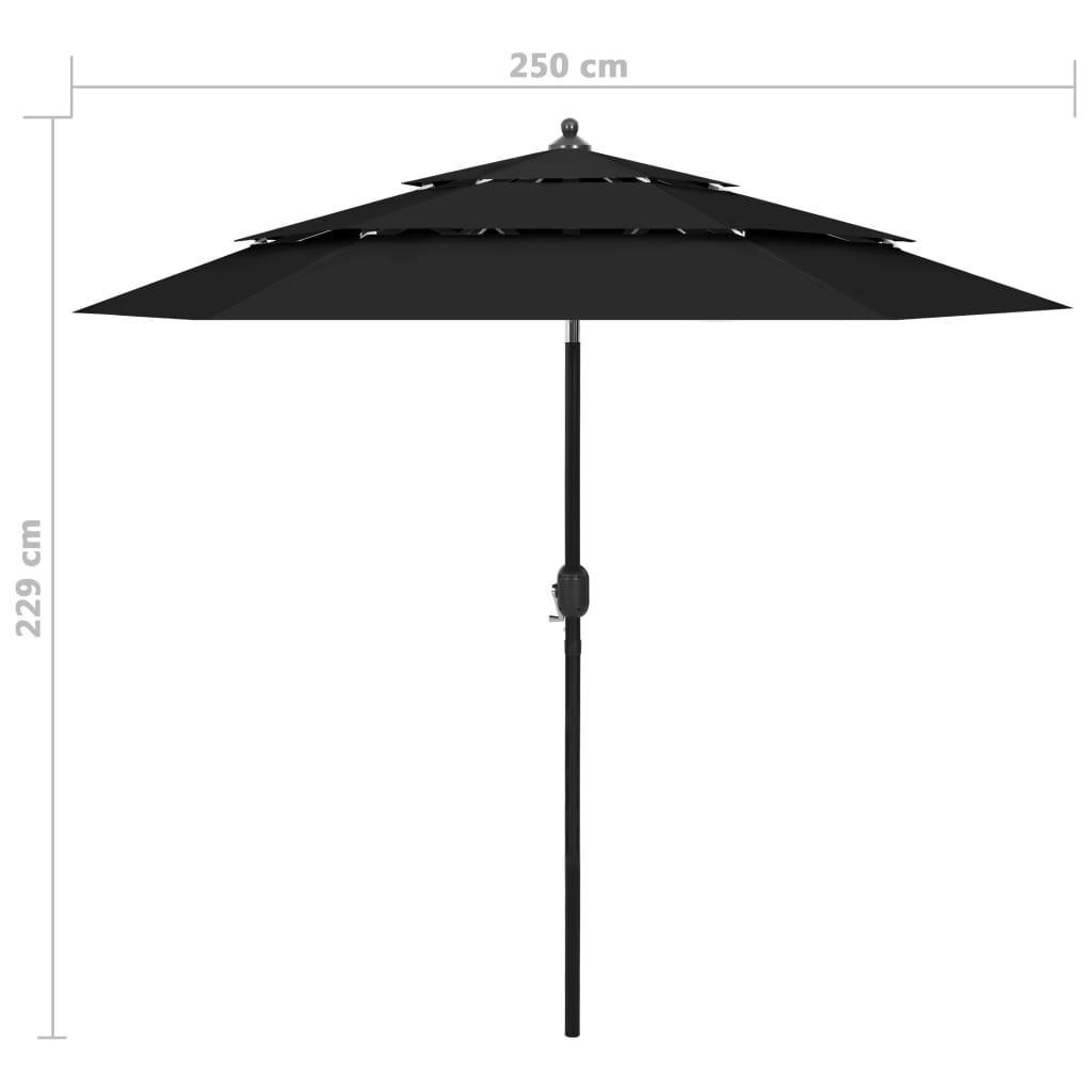 Parasol with aluminum pole 3-layer black 2.5 m