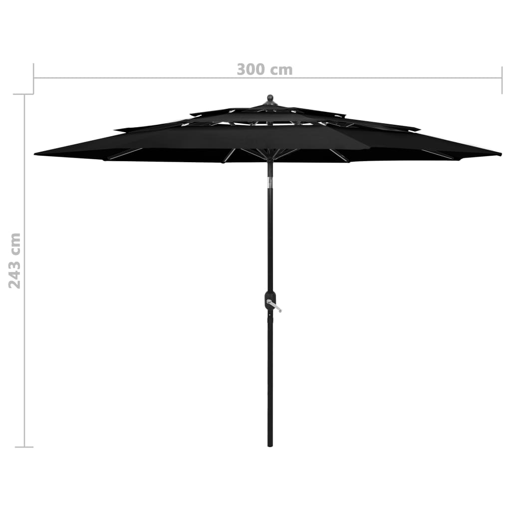Parasol with aluminum pole 3-layer black 3 m
