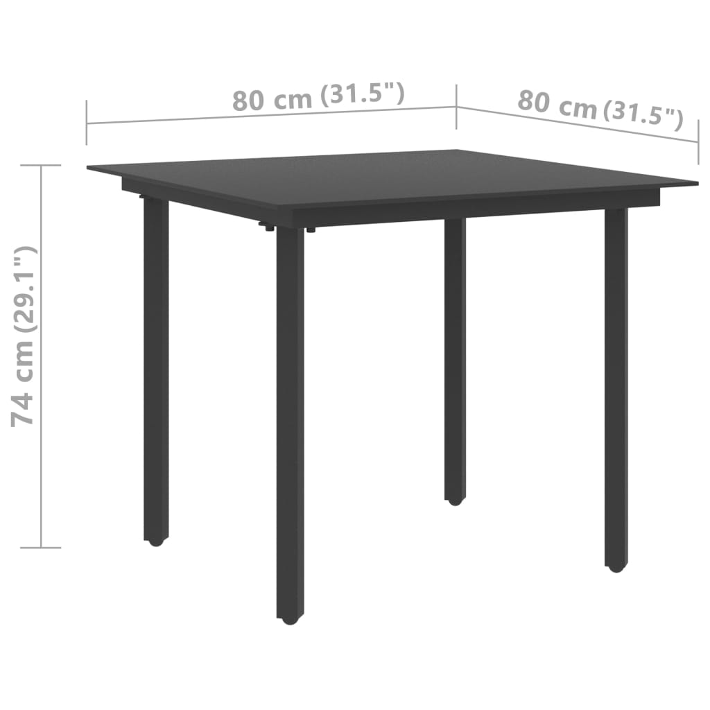 Garden dining table black 80x80x74 cm steel and glass