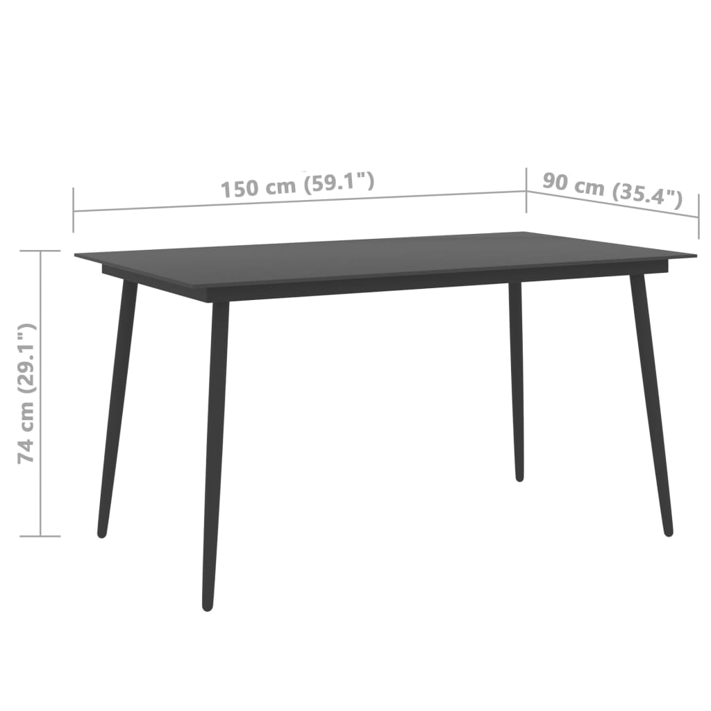 Table à manger de jardin noire 150x90x74 cm acier et verre