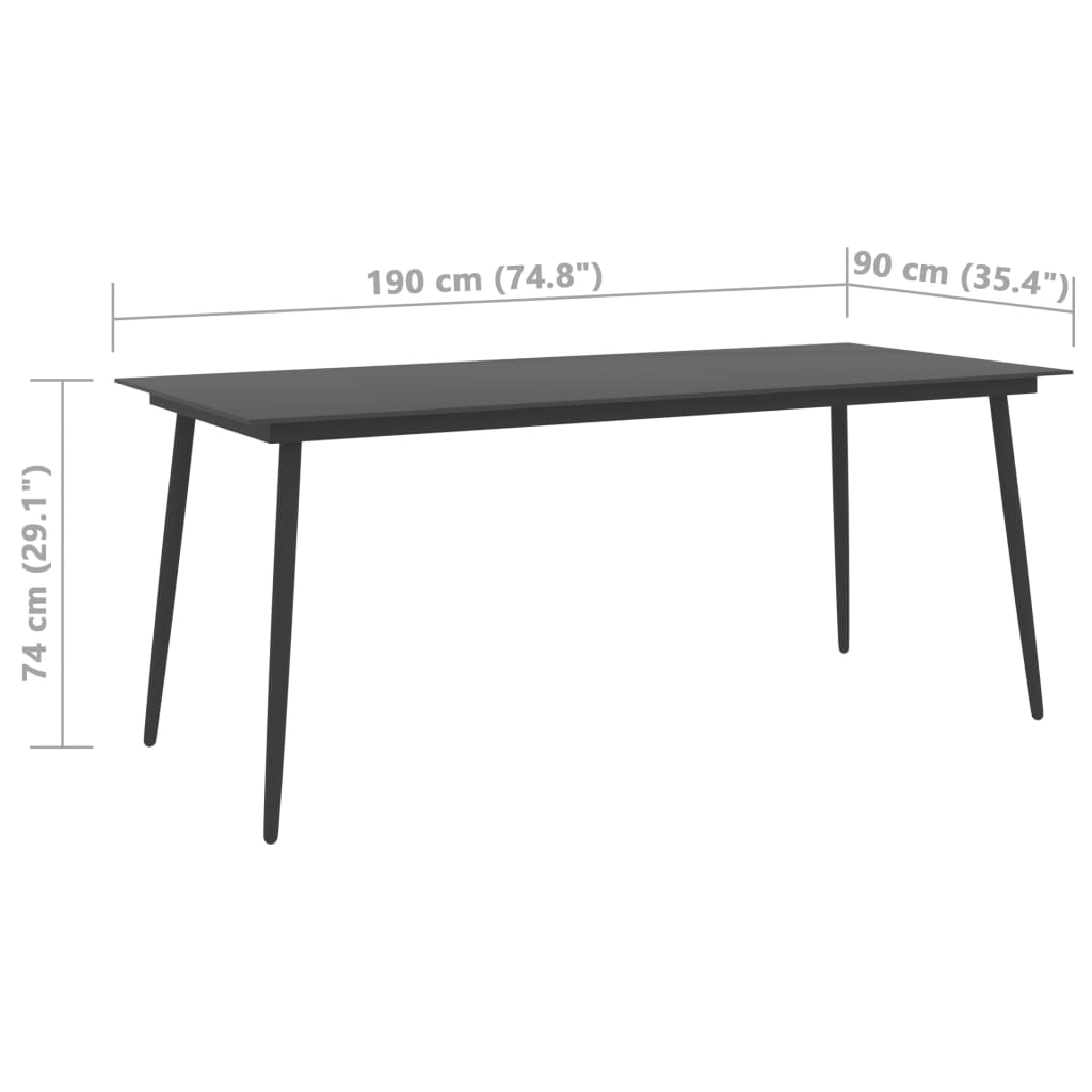 Table à manger de jardin noire 190x90x74 cm acier et verre