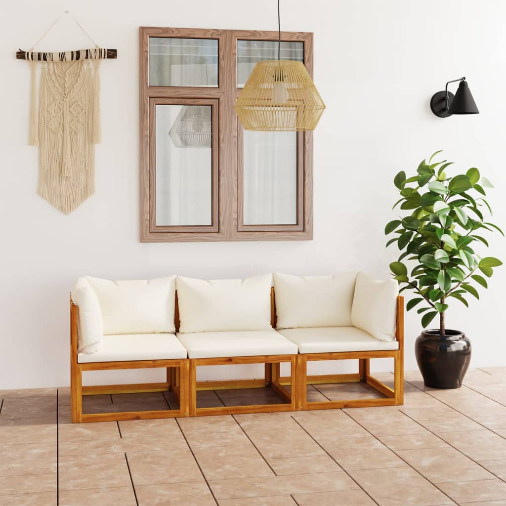 Canapé de jardin 3 places avec coussin en bois d'acacia massif crème