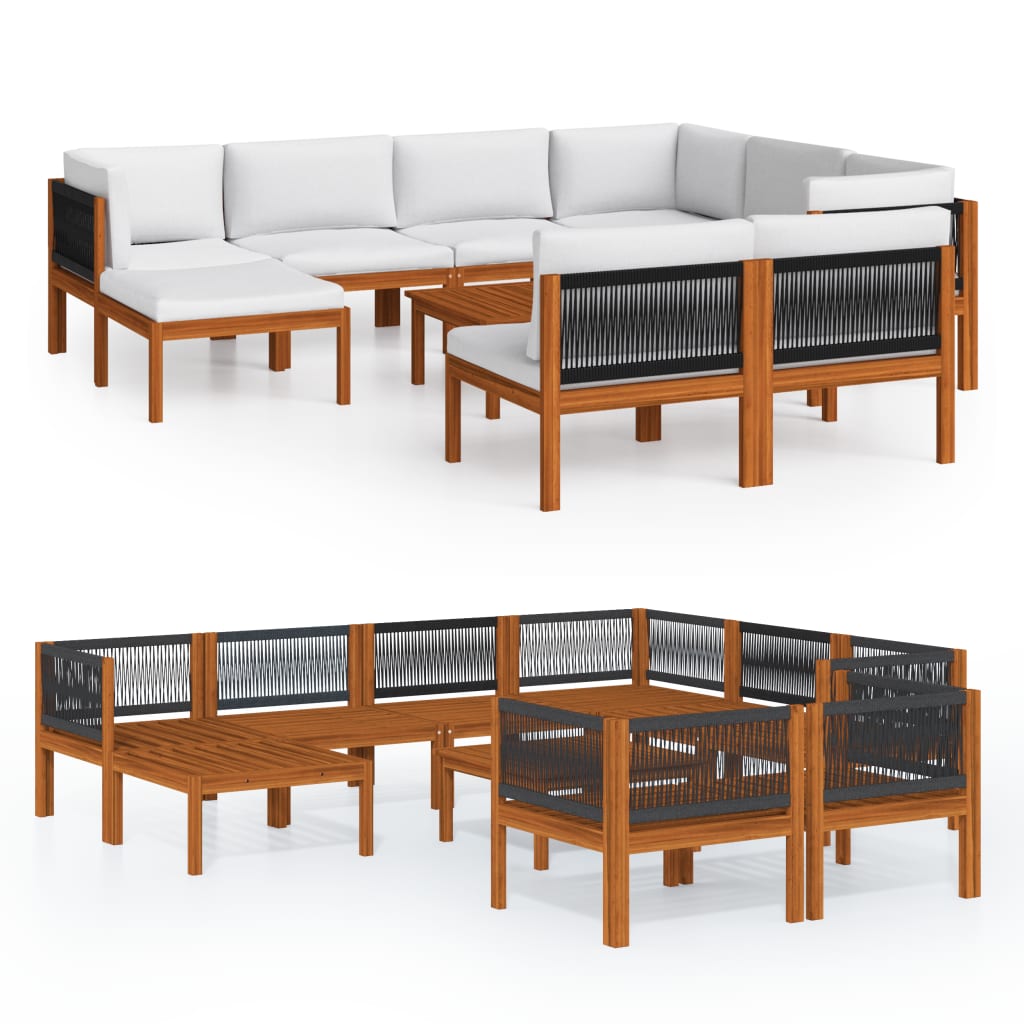 Salon de jardin 10 pièces avec coussins, blanc crème, bois d'acacia massif