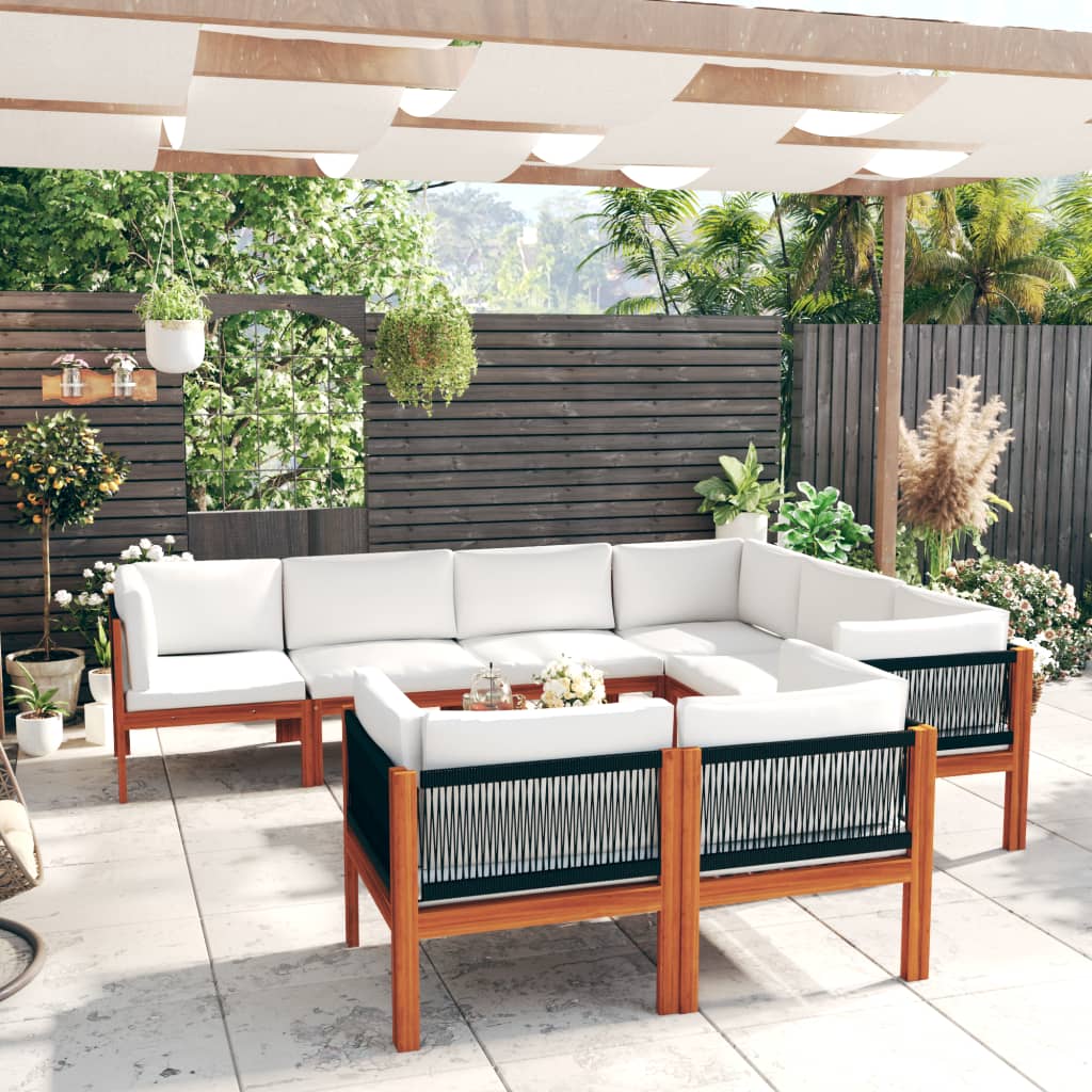 Salon de jardin 10 pièces avec coussins, blanc crème, bois d'acacia massif