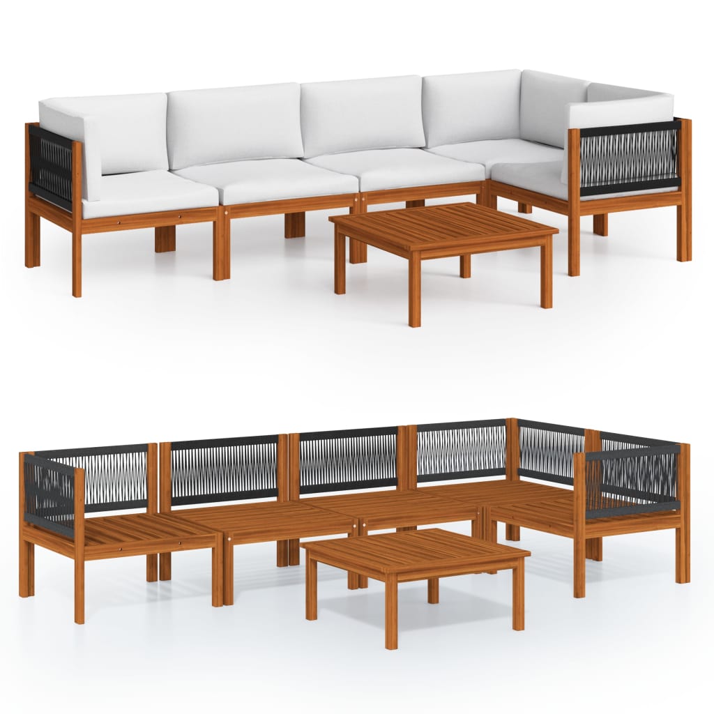 Salon de jardin 6 pièces avec coussins, blanc crème, bois d'acacia massif
