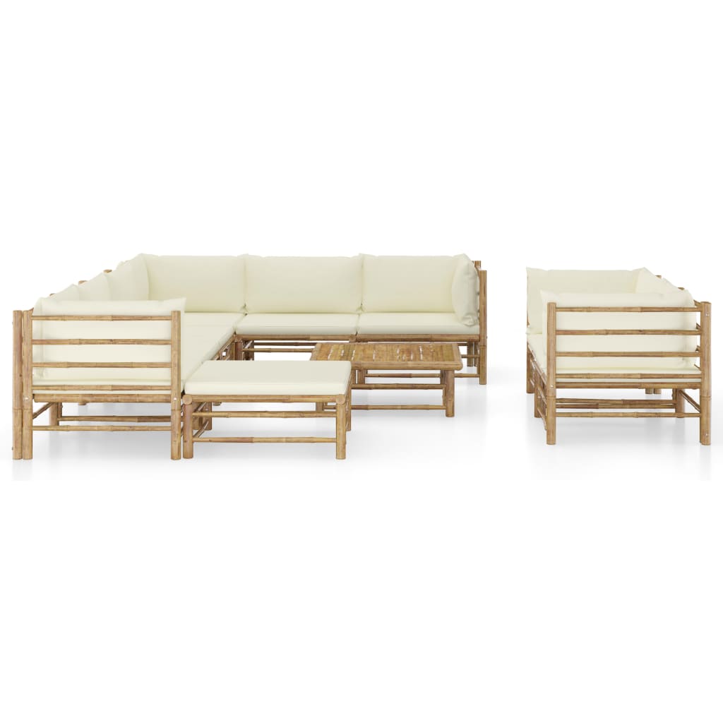 Salon de jardin 10 pièces avec coussins en bambou blanc crème
