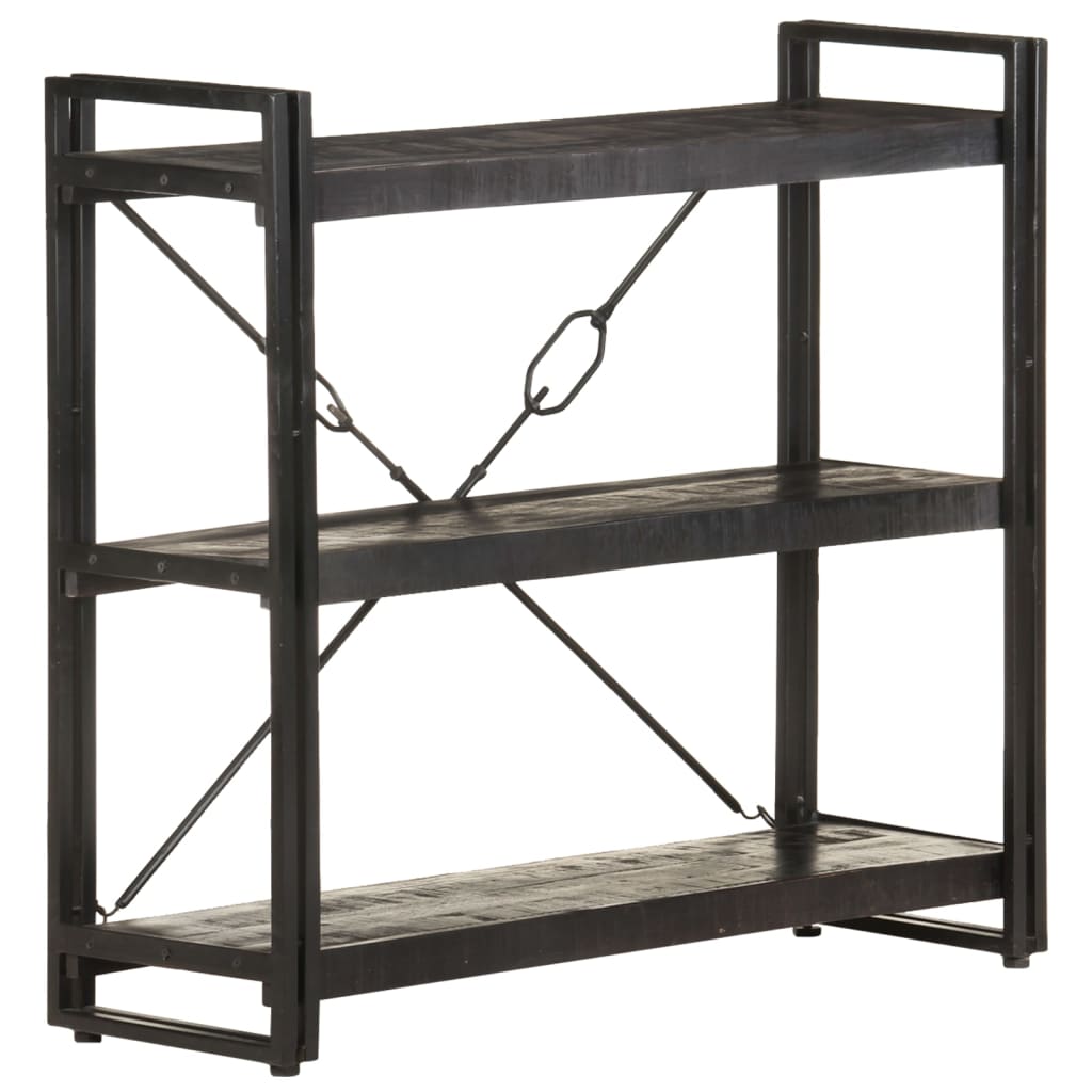 Bibliothèque 3 compartiments noire 90x30x80 cm en bois de manguier massif