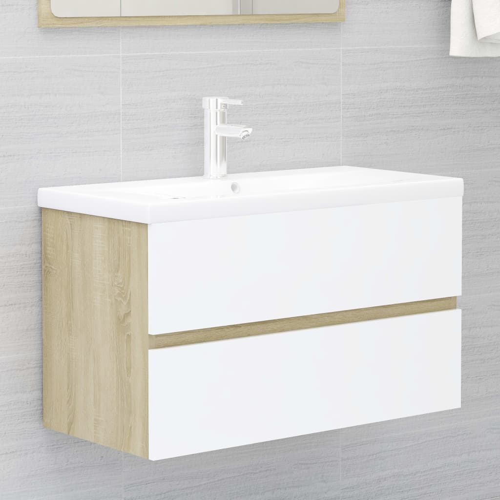 Waschbeckenunterschrank Weiß Sonoma-Eiche 80x38,5x45 cm