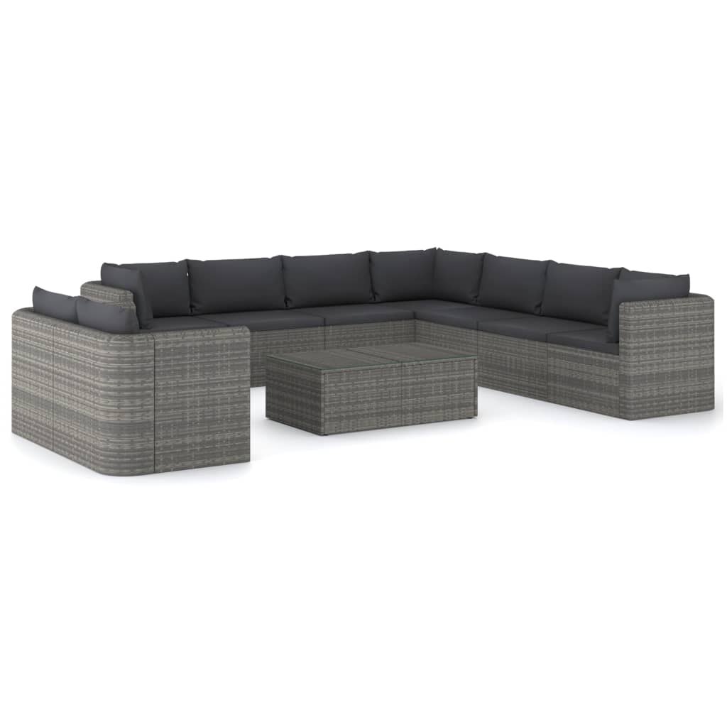 Salon de jardin 10 pièces avec coussins, en résine tressée, gris