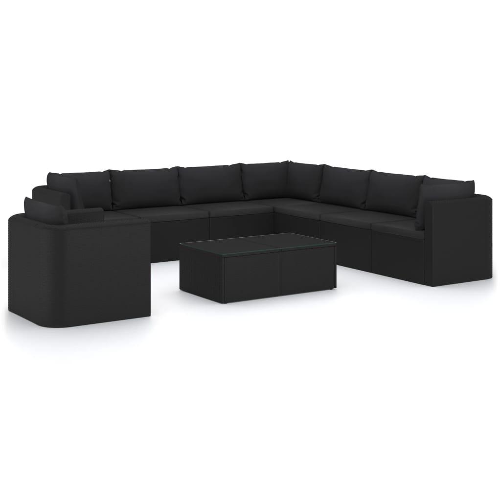 Salon de jardin 10 pièces avec coussins, en polyrotin, noir