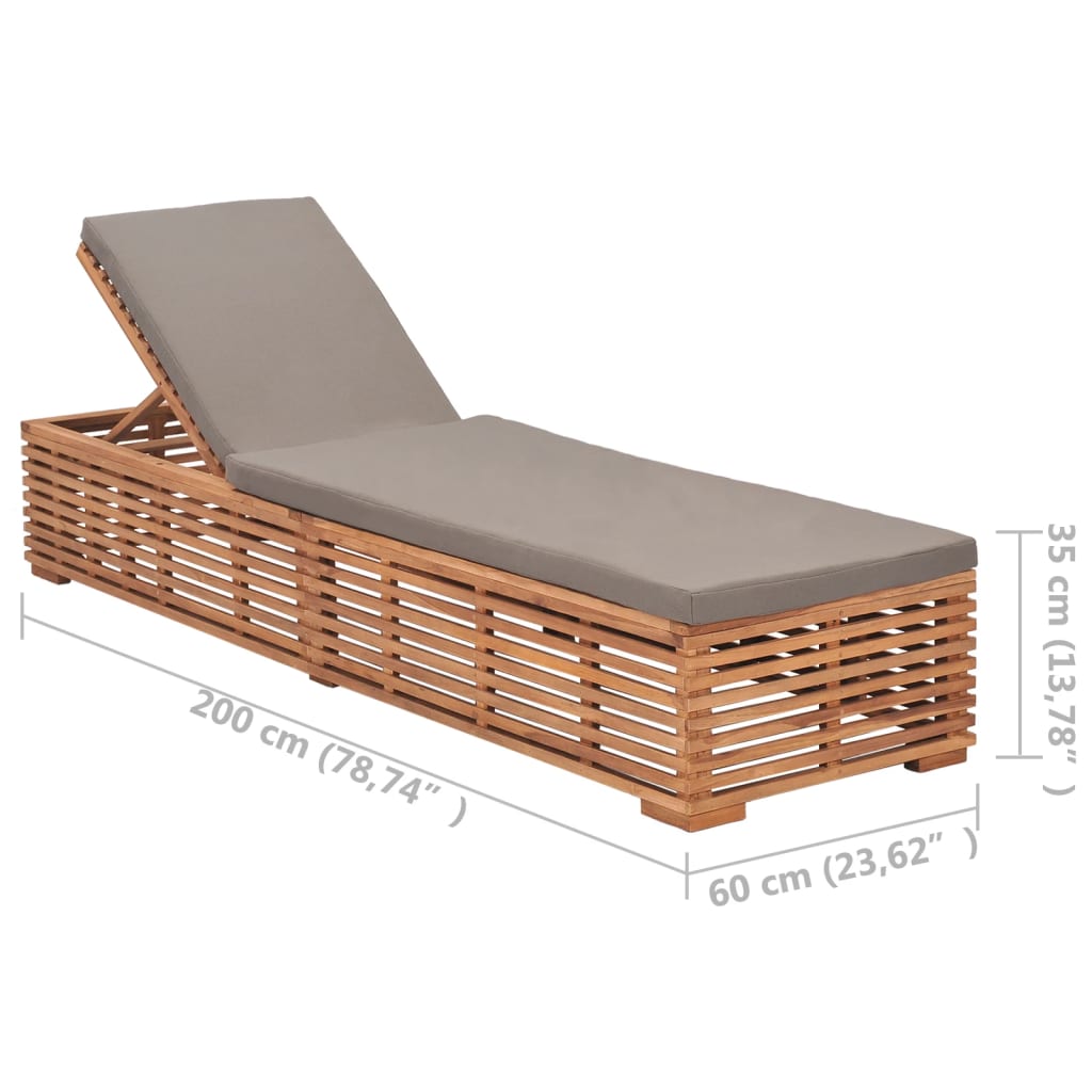 Sun lounger with dark grey cushion made of solid teak wood
