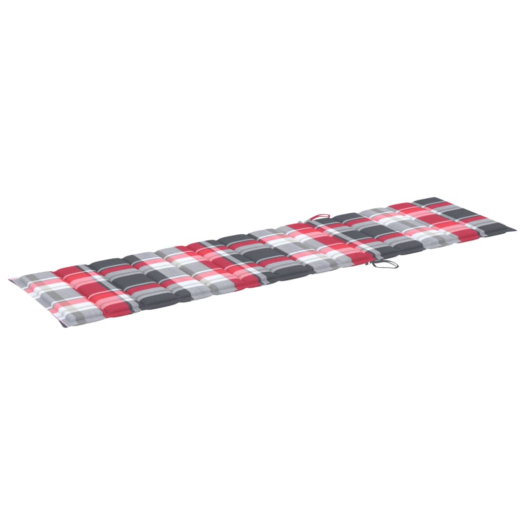Chaise longue avec coussin en bois de teck massif à carreaux rouges