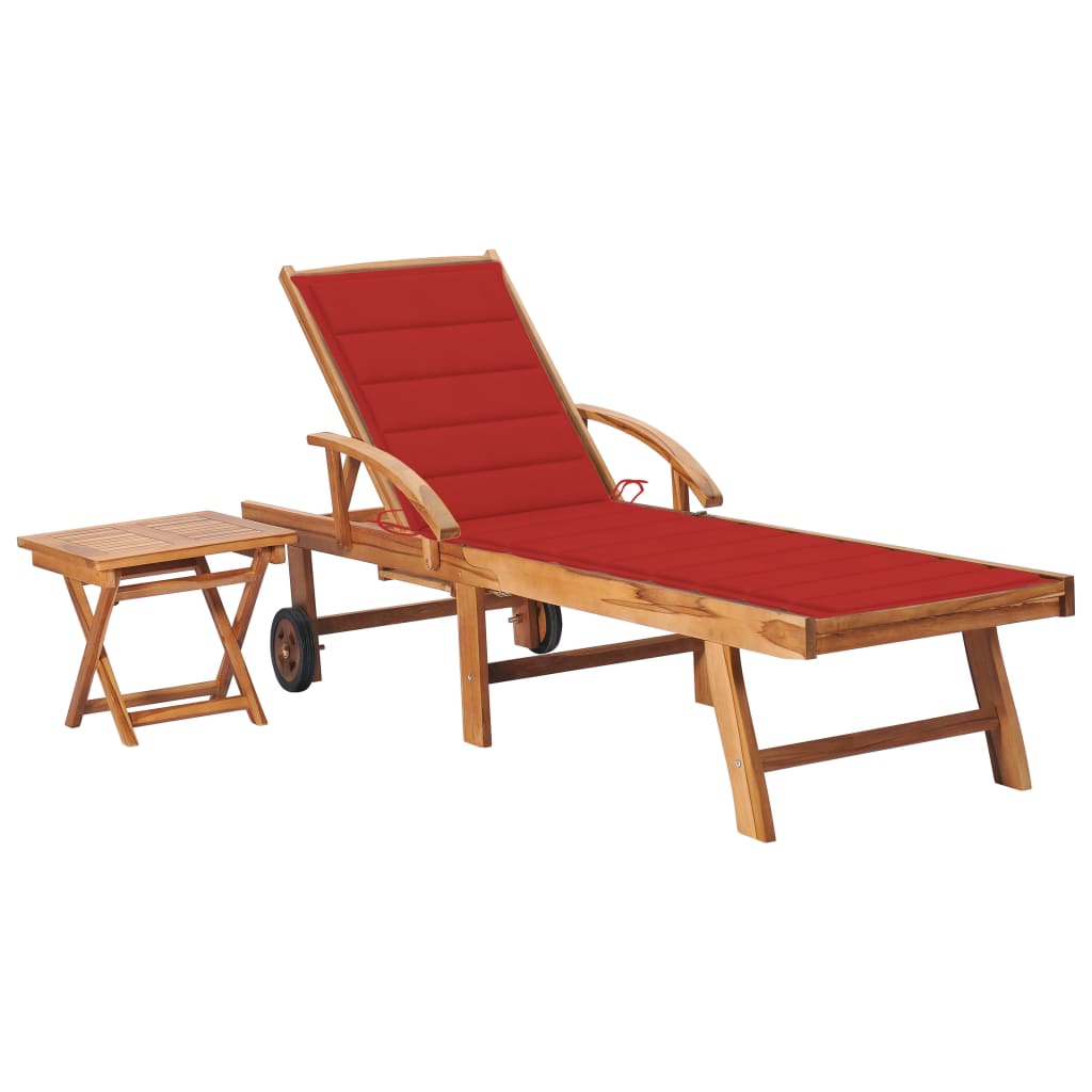 Chaise longue avec table et coussin en bois de teck massif