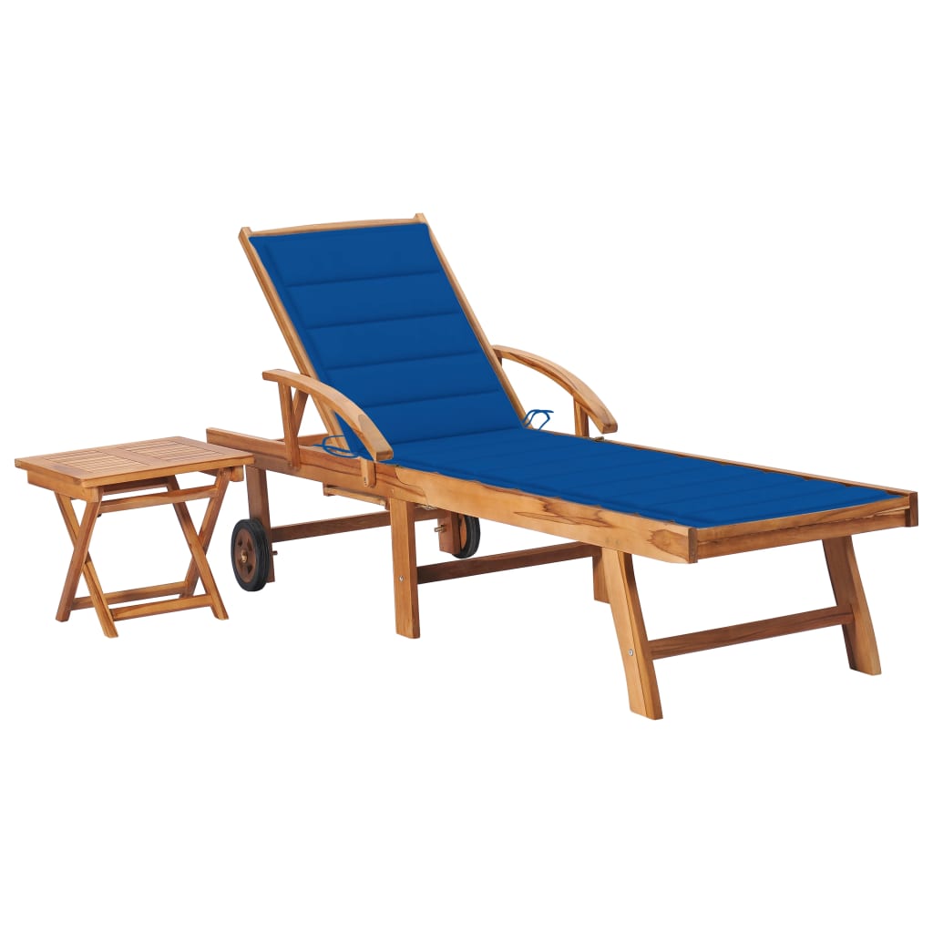 Chaise longue avec table et coussin en bois de teck massif