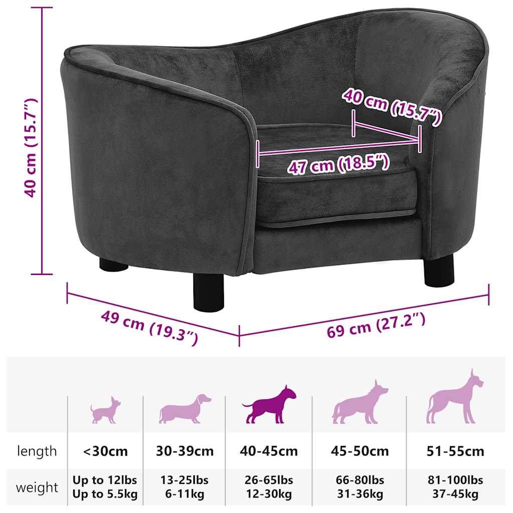 Dog sofa dark grey 69x49x40 cm plush