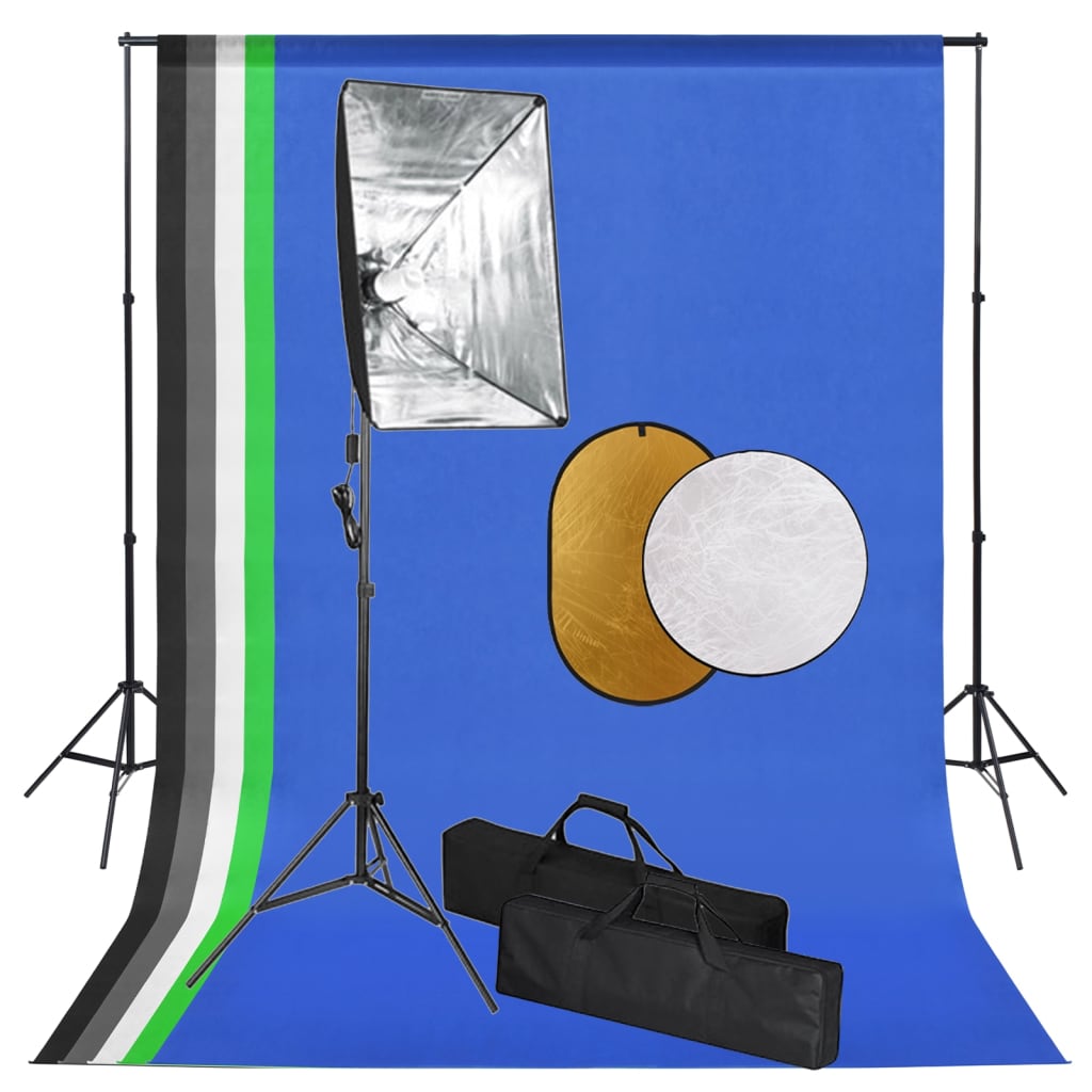 Ensemble studio photo avec lampes softbox, fond et réflecteur
