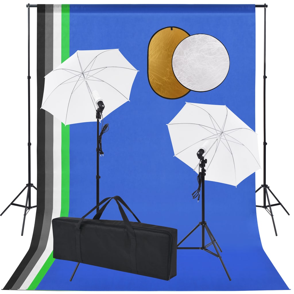 Ensemble studio photo avec lampes, parapluies, fond, réflecteur