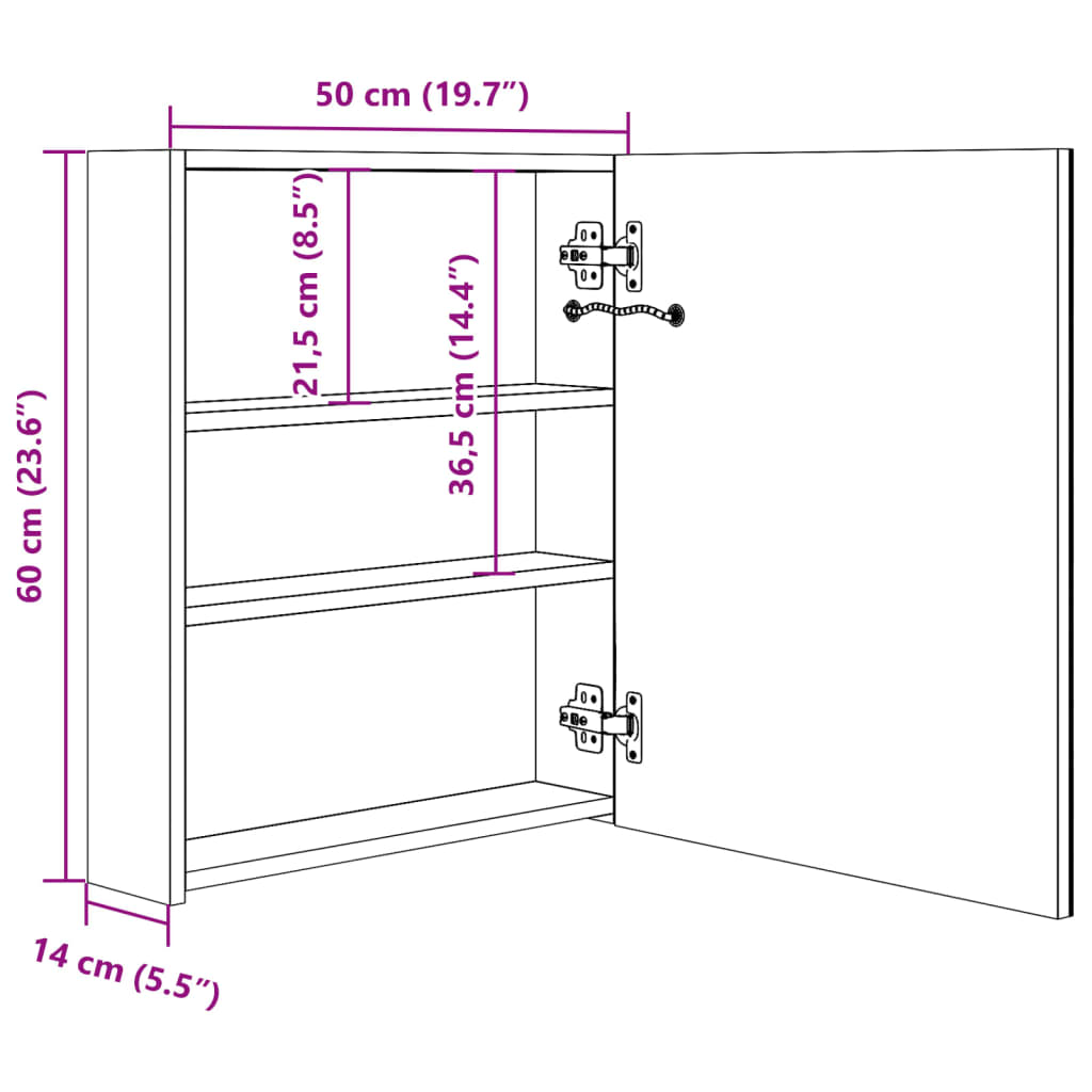 LED-Bad-Spiegelschrank Weiß und Eichen-Optik 50x14x60 cm