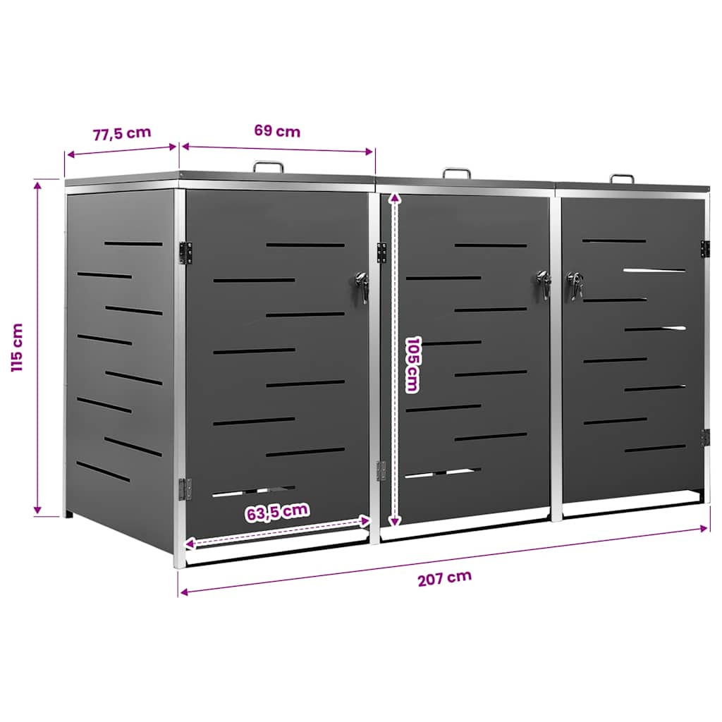 Mülltonnenbox für 3 Tonnen 207x77,5x115 cm Edelstahl