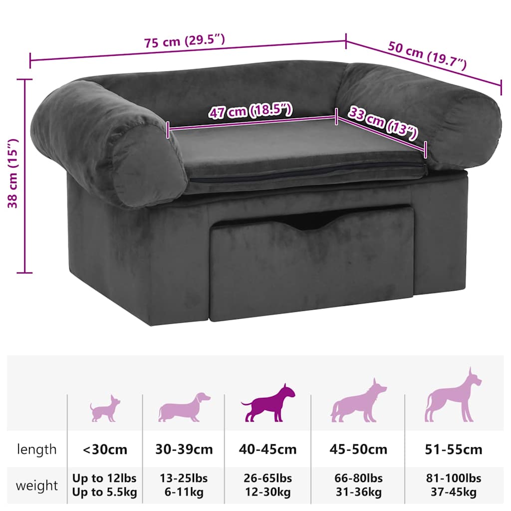 Canapé pour chien avec tiroir gris foncé 75x50x38 cm peluche