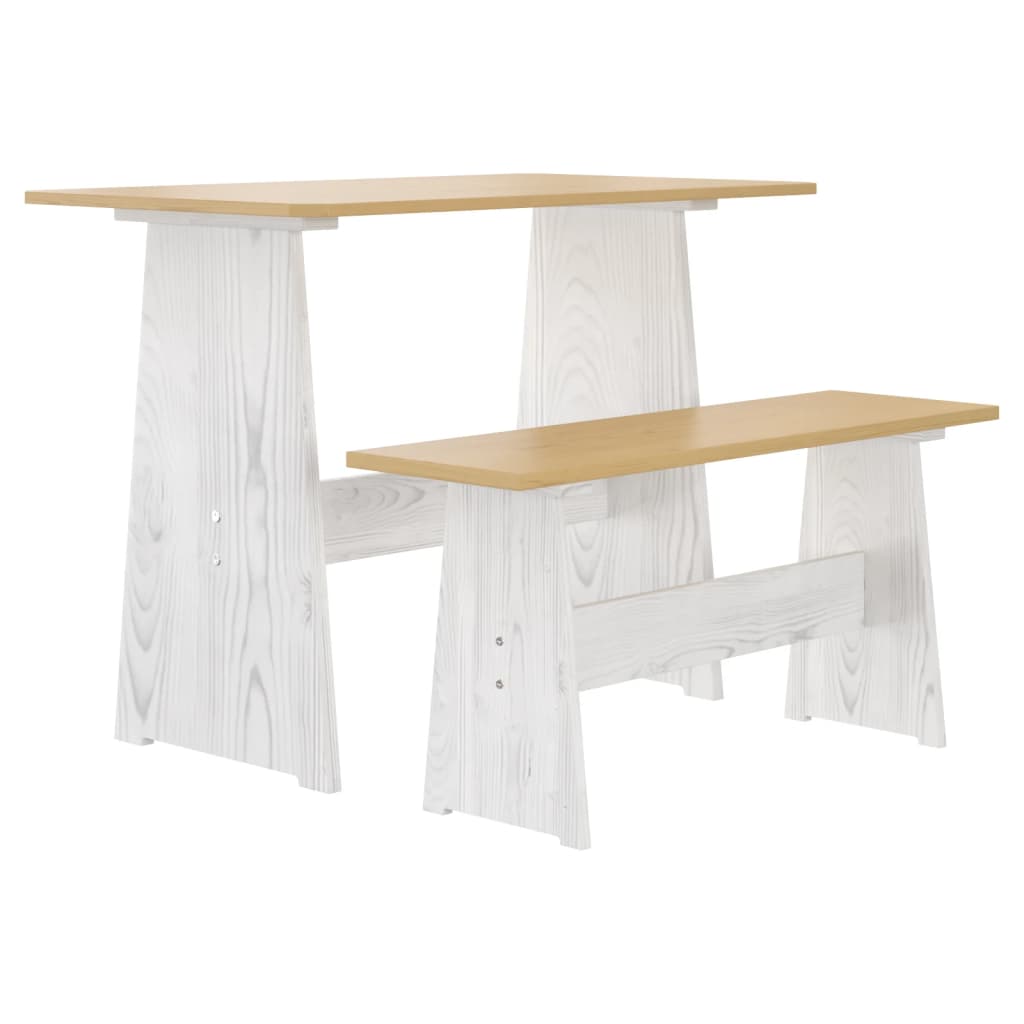 Table à manger avec banc REINE en pin massif marron miel et blanc