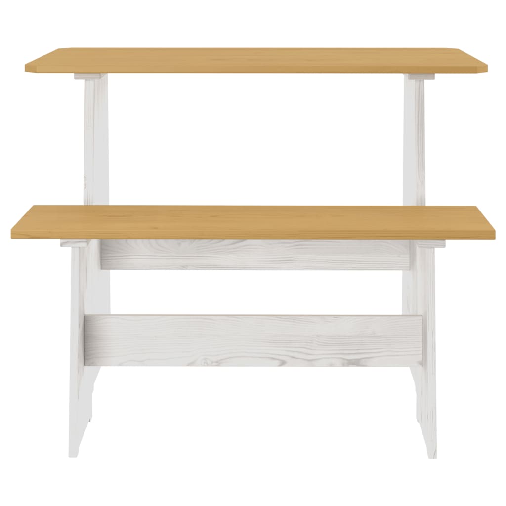 Table à manger avec banc REINE en pin massif marron miel et blanc