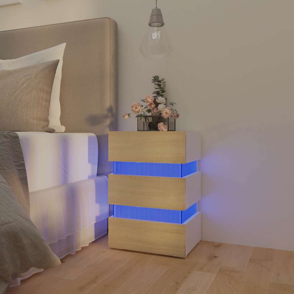 Table de chevet LED blanche et chêne Sonoma 45x35x67 cm matériau bois