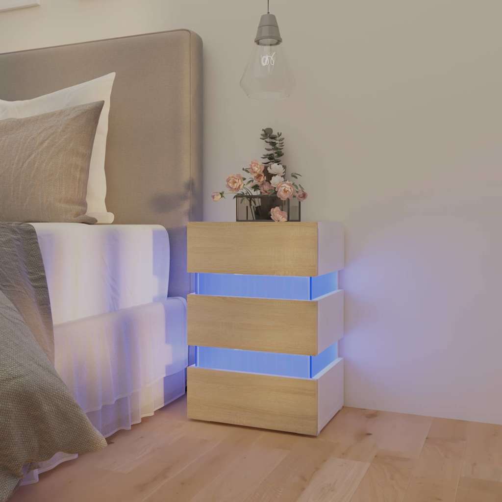 Table de chevet LED blanche et chêne Sonoma 45x35x67 cm matériau bois
