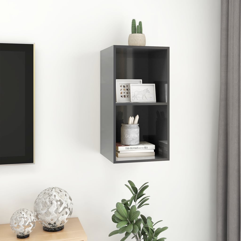 TV wall cabinet high gloss grey 37x37x72 cm wood material