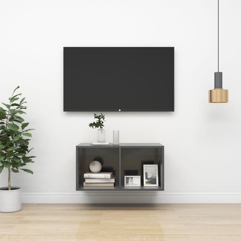 TV wall cabinet high gloss grey 37x37x72 cm wood material