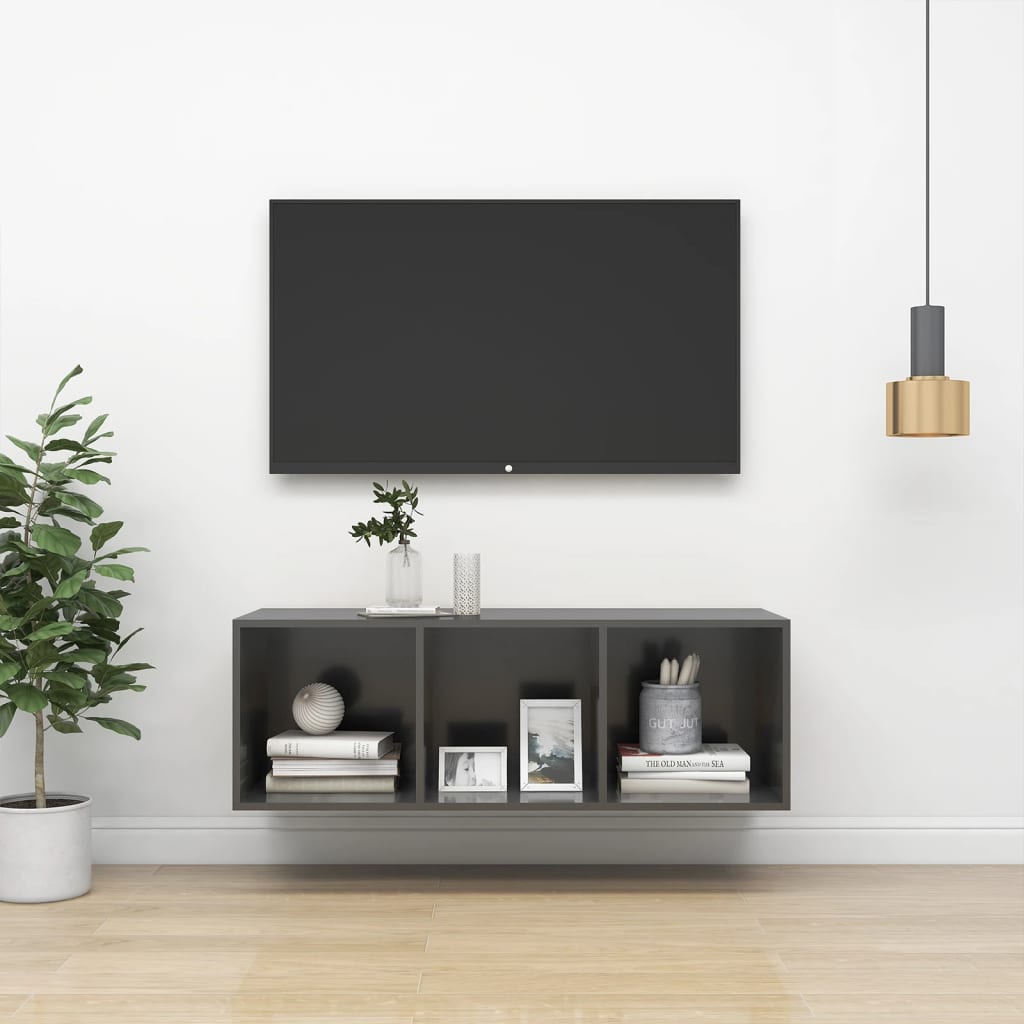 TV wall cabinet high gloss grey 37x37x107 cm wood material