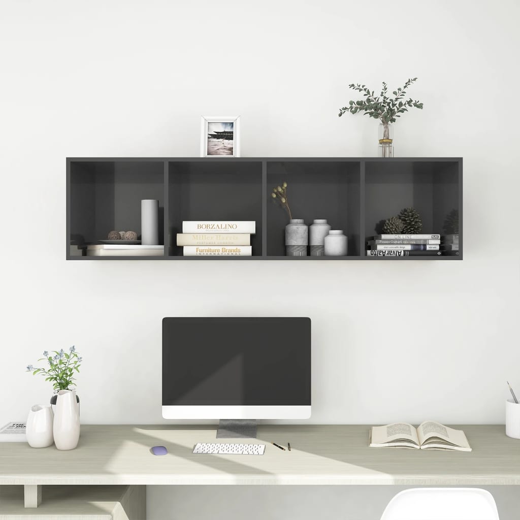 TV wall cabinet high gloss grey 37x37x142.5 cm wood material