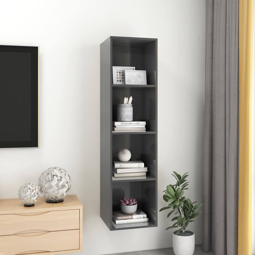 TV wall cabinet high gloss grey 37x37x142.5 cm wood material