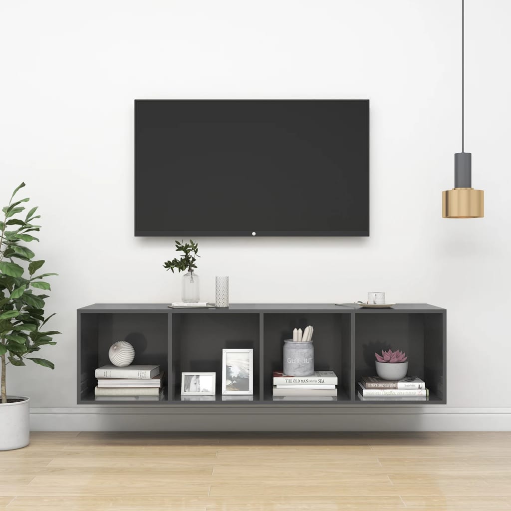 TV wall cabinet high gloss grey 37x37x142.5 cm wood material