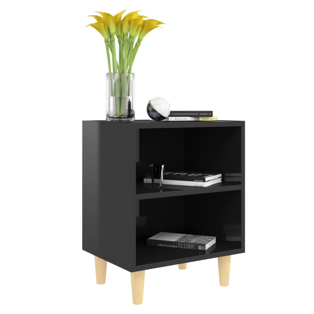 Bedside table with solid wood legs high-gloss black 40x30x50 cm