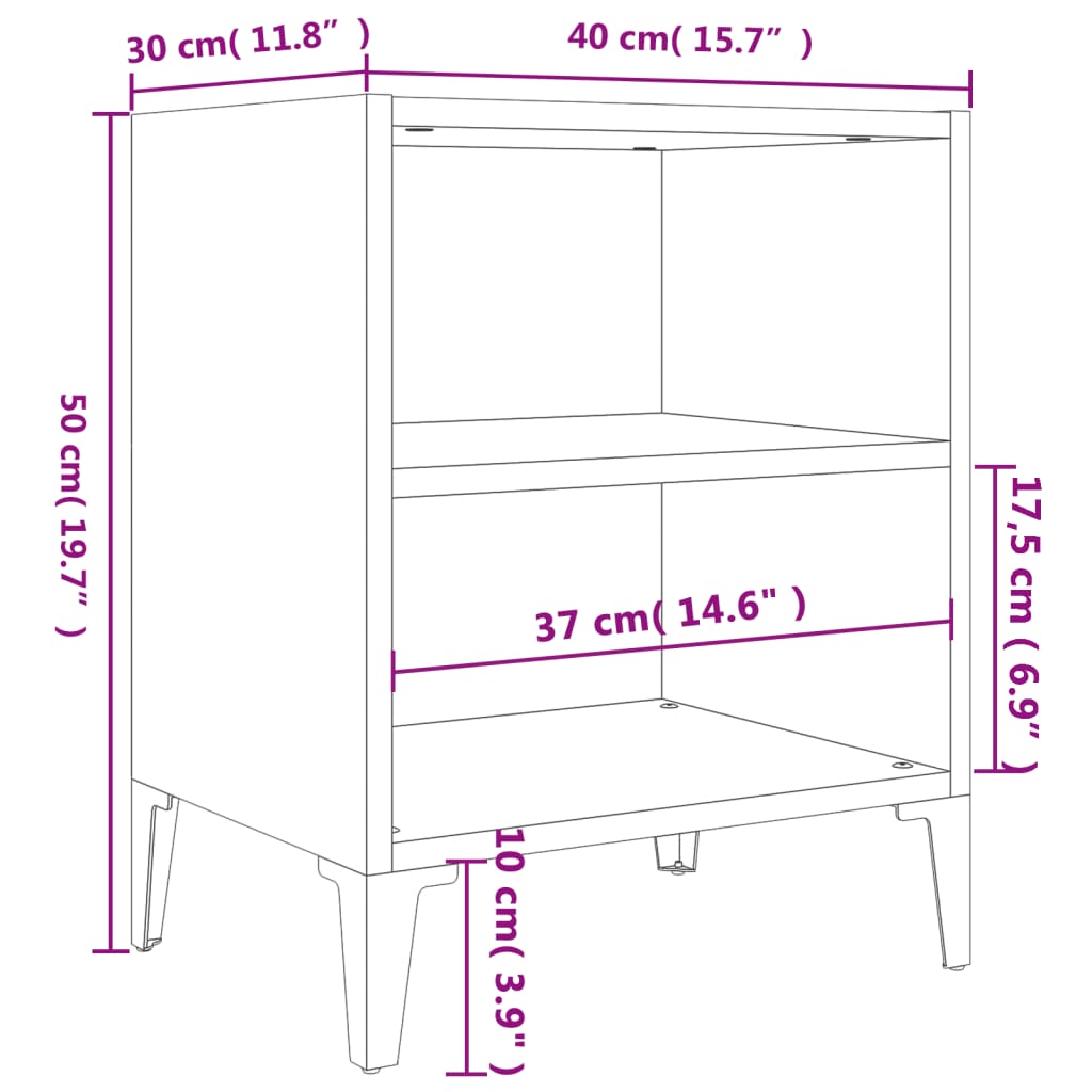 Bedside table with metal legs white 40x30x50 cm