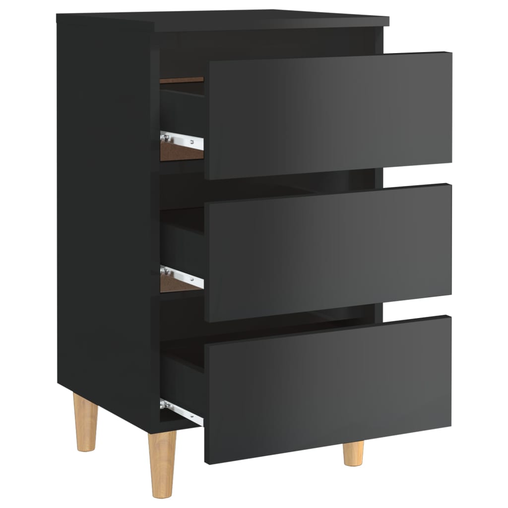 Nachttische mit Holzbeinen 2 Stk. Hochglanz-Schwarz 40x35x69cm