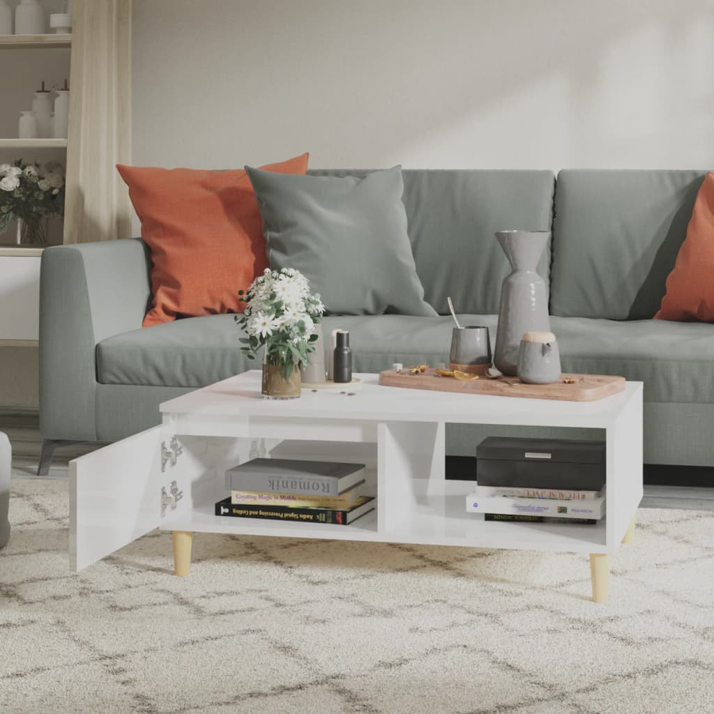 Table basse blanc brillant 90x60x35 cm en bois
