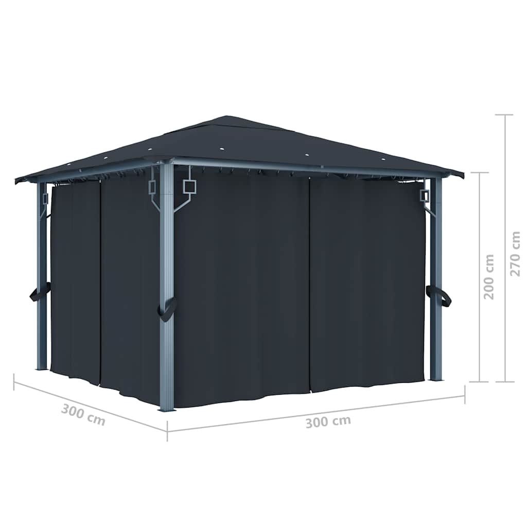Pavillon mit Vorhängen & LED-Lichterkette 3x3 m Anthrazit Alu