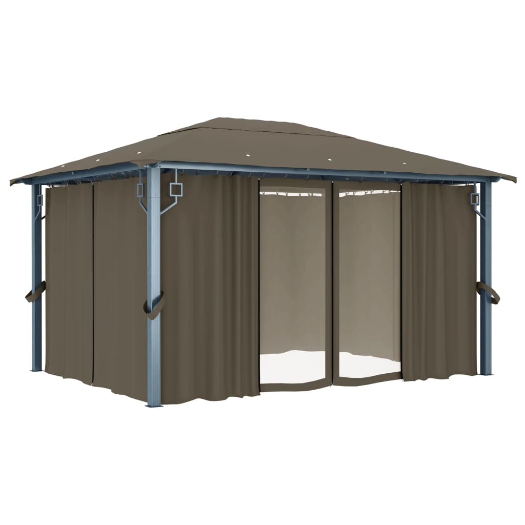 Pavillon mit Vorhängen & LED-Lichterkette 400x300 cm Taupe Alu